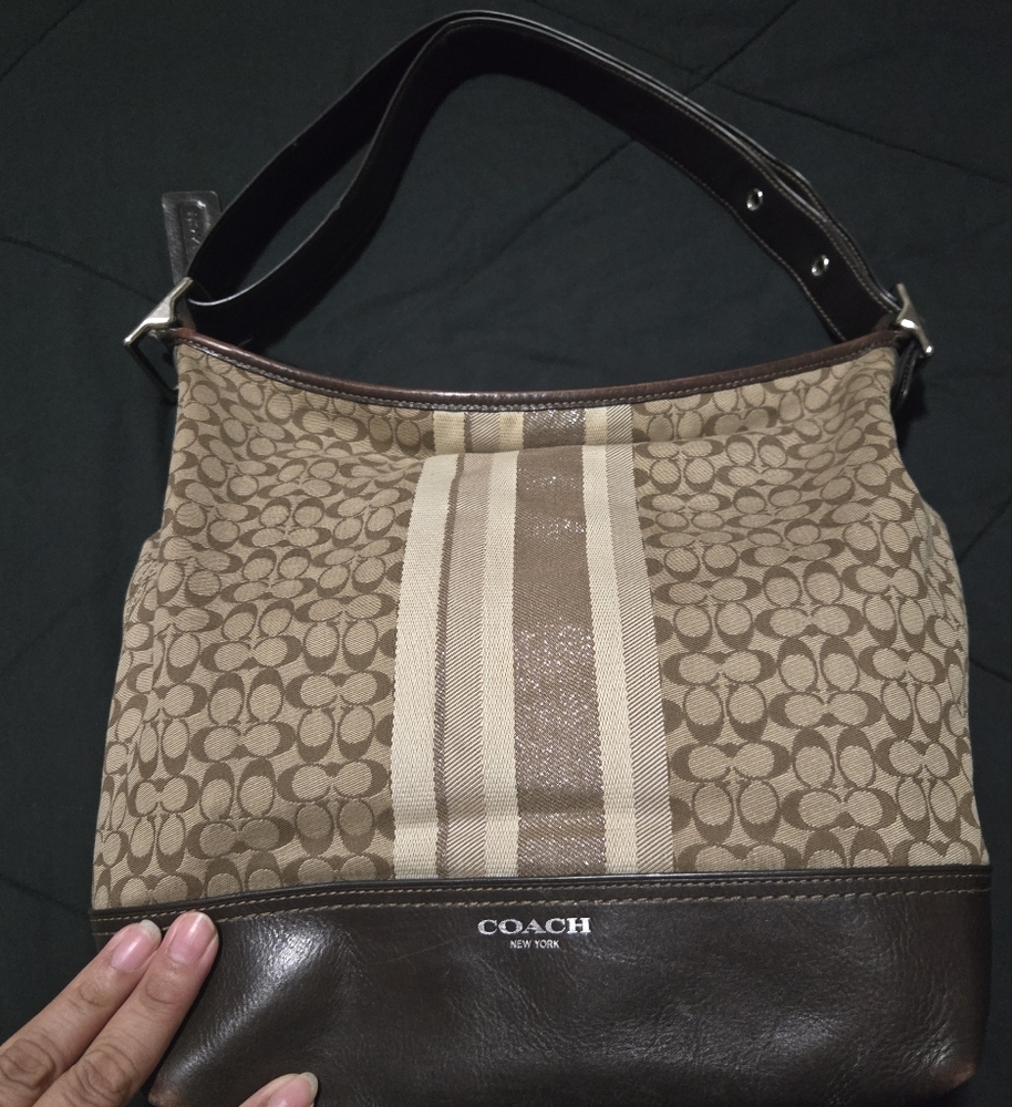 (Sold)Coach Brown and Tan Shoulder Bag with Signature Monogram